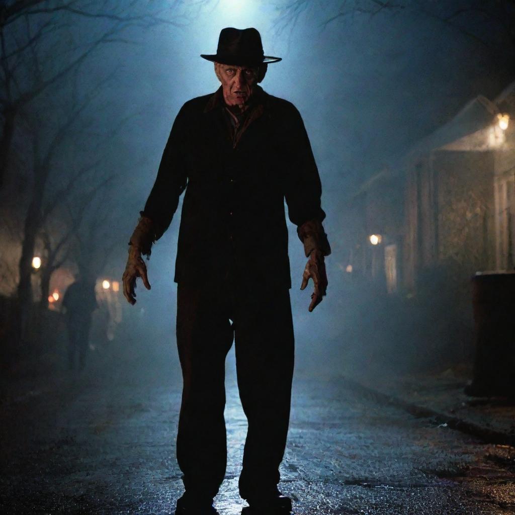 Freddy Krueger menacingly standing over terrified victims on the eerie Elm Street, bathed in moody, dim night lighting.