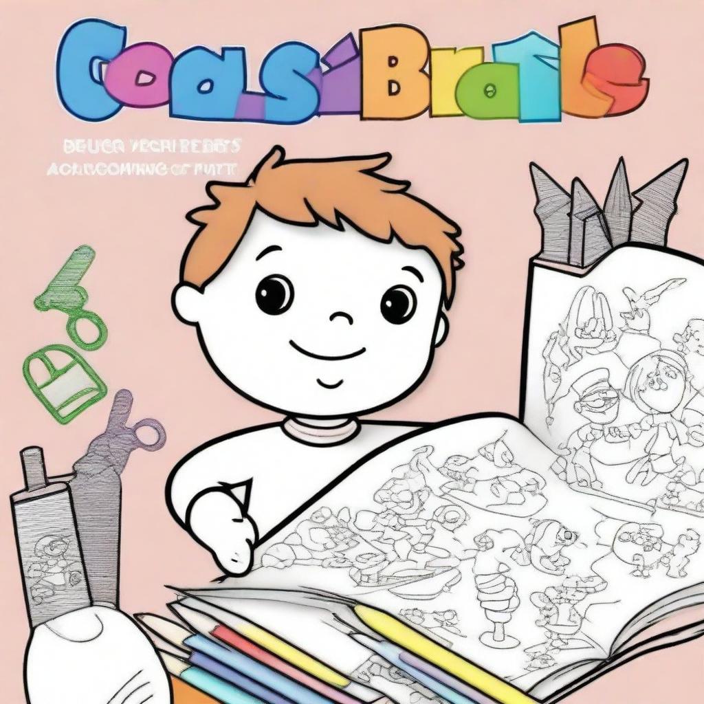 Create a coloring book cover for children featuring fun and engaging activities such as tracing letters, cutting, and pasting