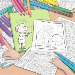 Create a coloring book cover for children featuring fun and engaging activities such as tracing letters, cutting, and pasting