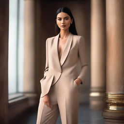 A beautiful and elegant woman posing confidently, wearing stylish and fashionable clothing