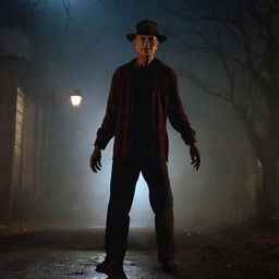 Freddy Krueger menacingly standing over terrified victims on the eerie Elm Street, bathed in moody, dim night lighting.