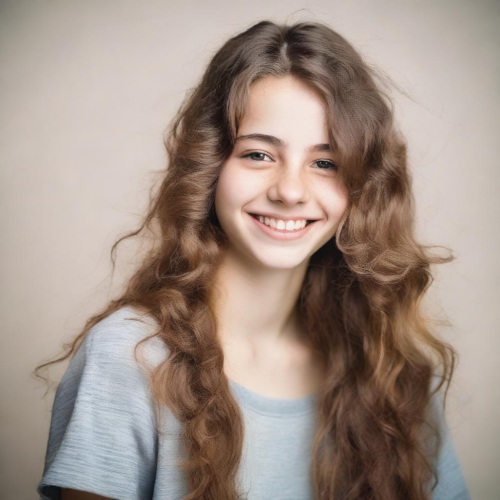 A portrait of an 18-year-old girl with a cheerful expression