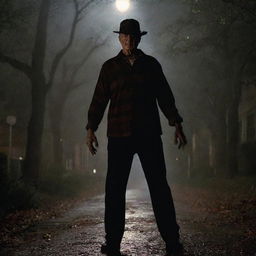 Freddy Krueger menacingly standing over terrified victims on the eerie Elm Street, bathed in moody, dim night lighting.