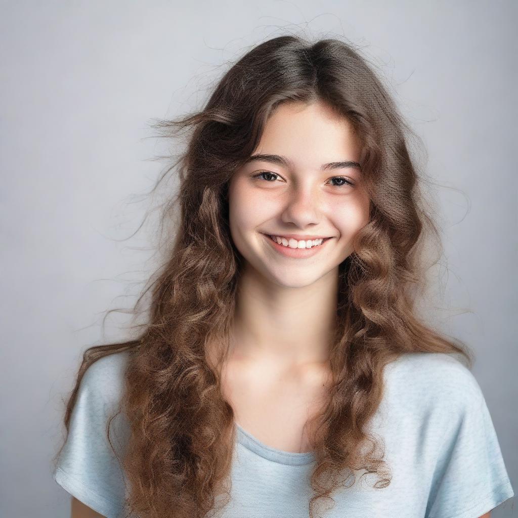 A portrait of an 18-year-old girl with a cheerful expression