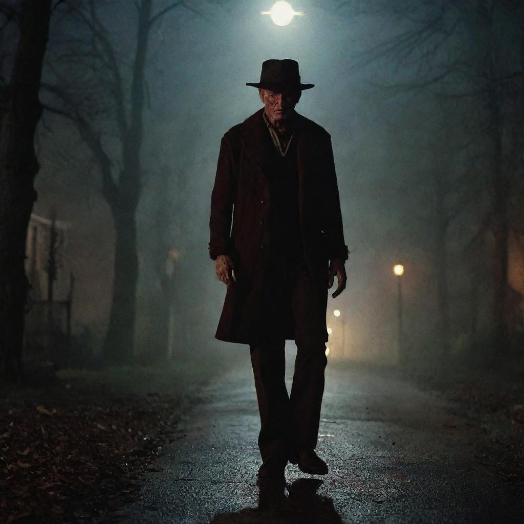 Freddy Krueger menacingly standing over terrified victims on the eerie Elm Street, bathed in moody, dim night lighting.