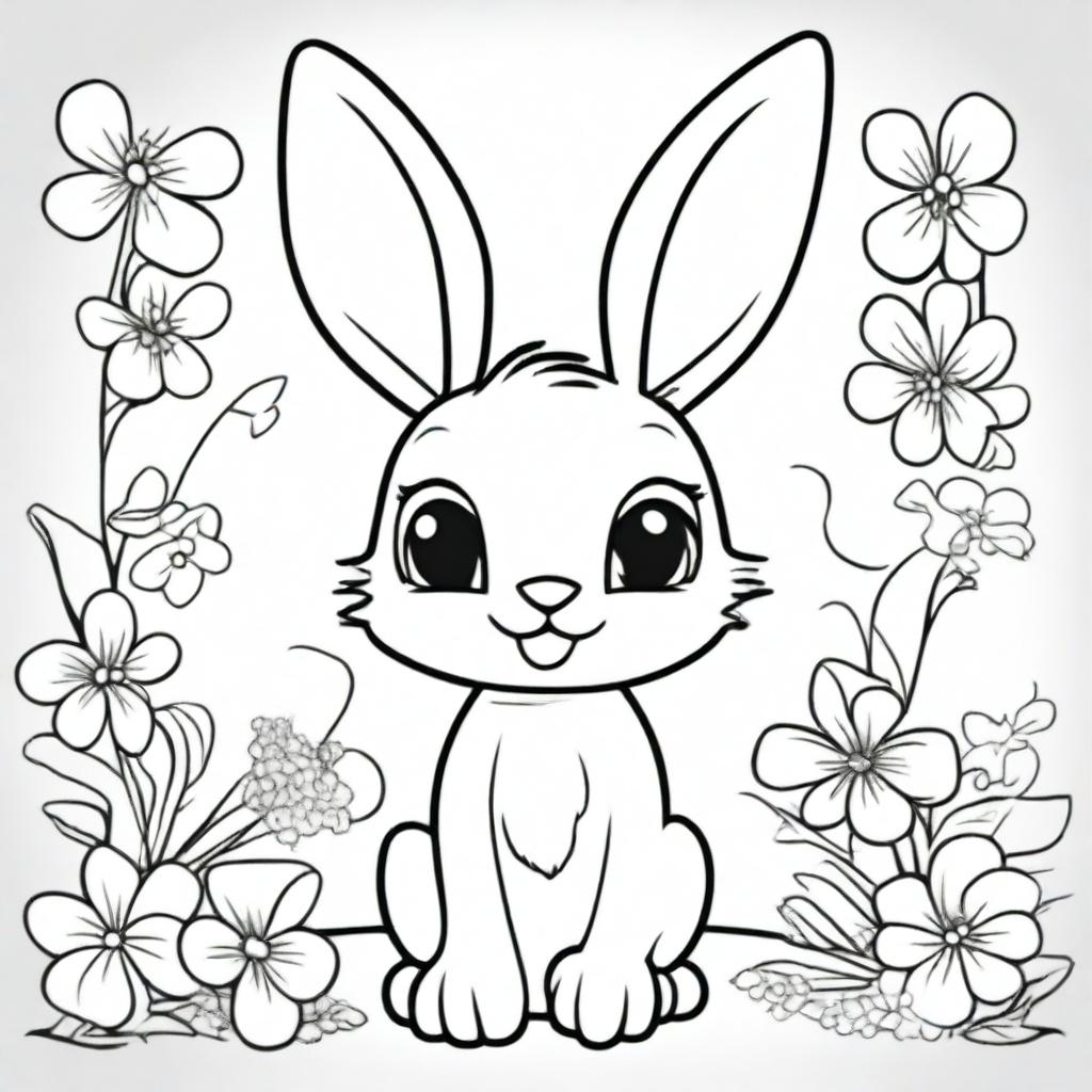 A cute bunny character in the style of Disney, designed as a coloring book page