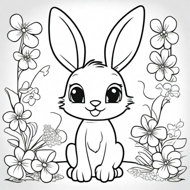 A cute bunny character in the style of Disney, designed as a coloring book page