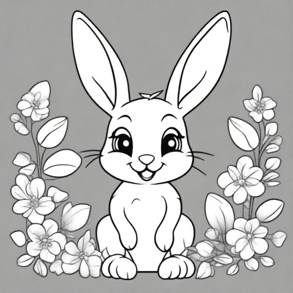 A cute bunny character in the style of Disney, designed as a coloring book page