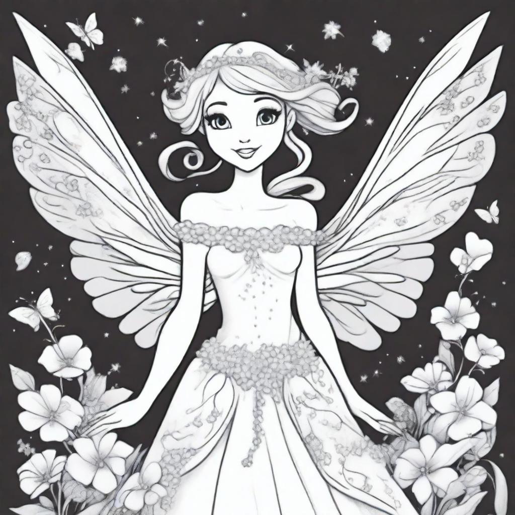 A beautiful fairy character in the style of Disney, designed as a coloring book page