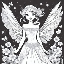 A beautiful fairy character in the style of Disney, designed as a coloring book page