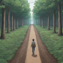 Anime-style scene of a man facing two roads diverging in a wood; one is an easy path while the other is filled with numerous obstacles. The man is steadfastly walking towards the challenging road.