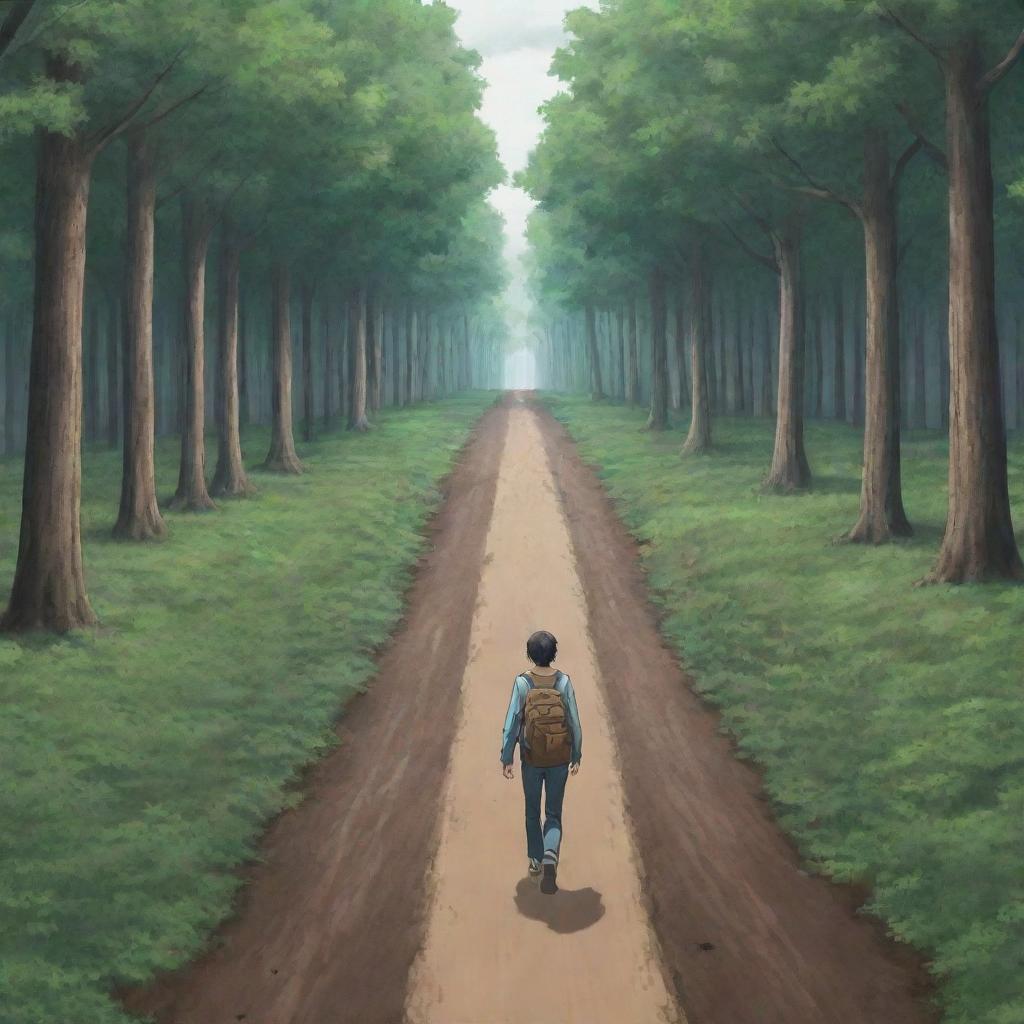 Anime-style scene of a man facing two roads diverging in a wood; one is an easy path while the other is filled with numerous obstacles. The man is steadfastly walking towards the challenging road.