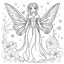 A beautiful fairy character in the style of Disney, designed as a coloring book page