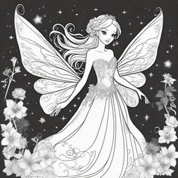 A beautiful fairy character in the style of Disney, designed as a coloring book page