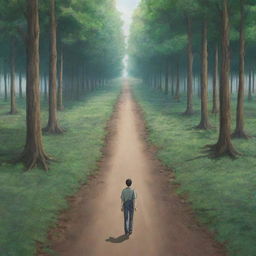 Anime-style scene of a man facing two roads diverging in a wood; one is an easy path while the other is filled with numerous obstacles. The man is steadfastly walking towards the challenging road.