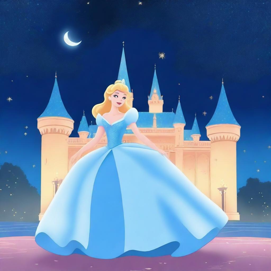 A beautiful illustration of Cinderella in her iconic blue gown, standing in front of a grand palace with her glass slipper in hand