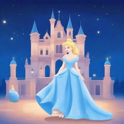 A beautiful illustration of Cinderella in her iconic blue gown, standing in front of a grand palace with her glass slipper in hand