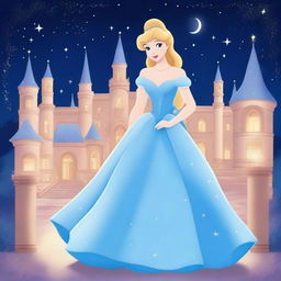 A beautiful illustration of Cinderella in her iconic blue gown, standing in front of a grand palace with her glass slipper in hand