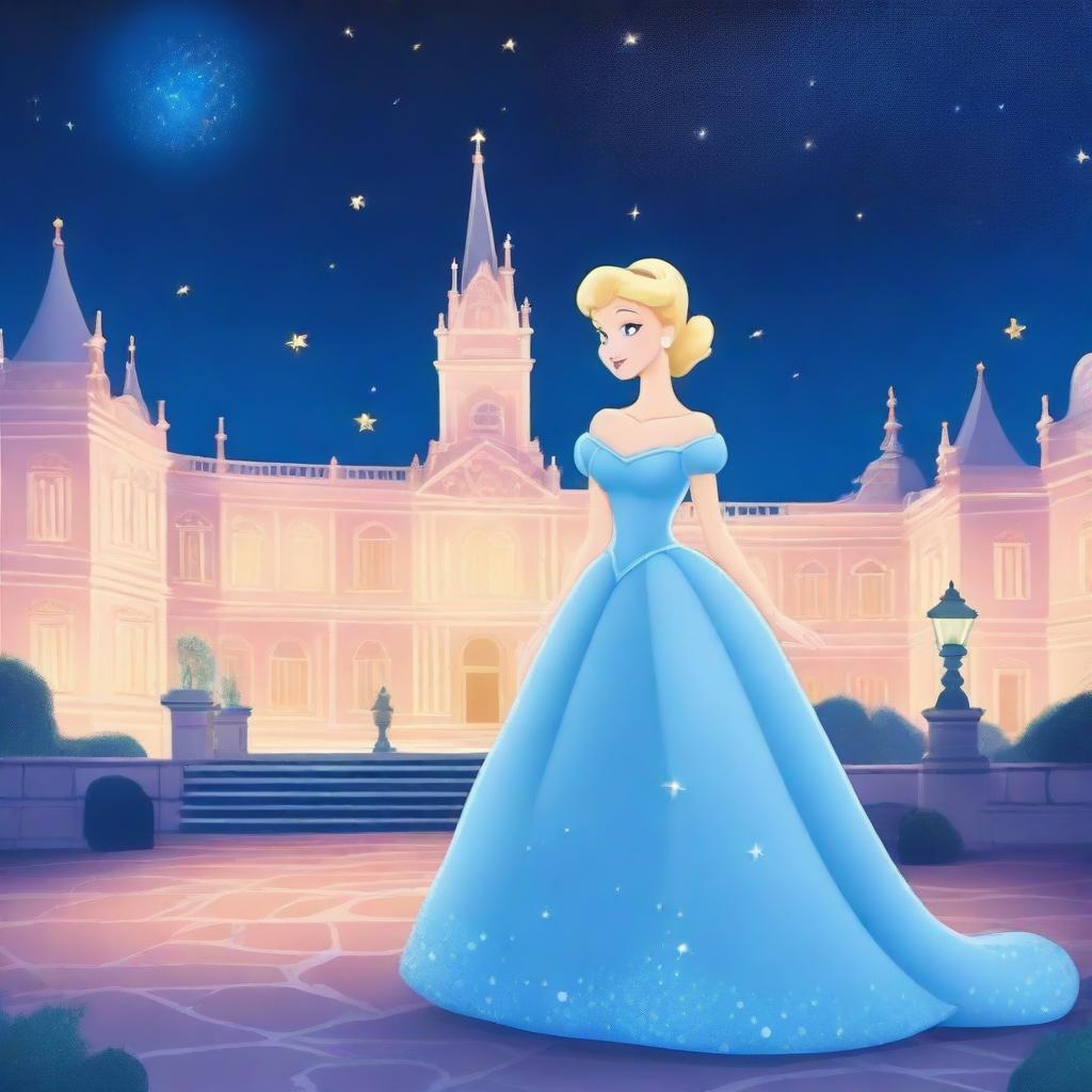 A beautiful illustration of Cinderella in her iconic blue gown, standing in front of a grand palace with her glass slipper in hand