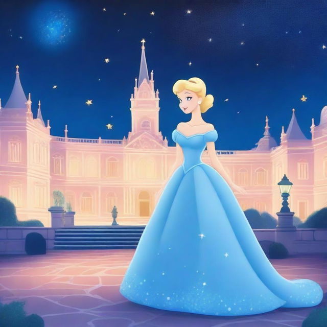 A beautiful illustration of Cinderella in her iconic blue gown, standing in front of a grand palace with her glass slipper in hand