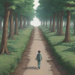 Anime-style scene of a man facing two roads diverging in a wood; one is an easy path while the other is filled with numerous obstacles. The man is steadfastly walking towards the challenging road.