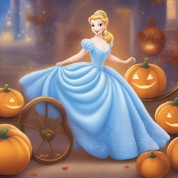 Cinderella in mid-transformation, surrounded by swirling magic, as her rags become a beautiful ballgown