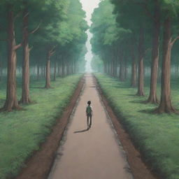 Anime-style scene of a man facing two roads diverging in a wood; one is an easy path while the other is filled with numerous obstacles. The man is steadfastly walking towards the challenging road.