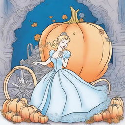 Cinderella in mid-transformation, surrounded by swirling magic, as her rags become a beautiful ballgown