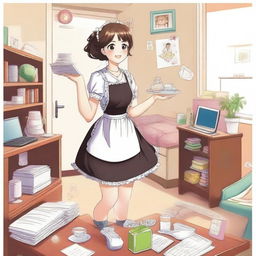 A humorous and light-hearted scene depicting the daily life of a mischievous NEET foreign girlfriend who also works as a secretary maid