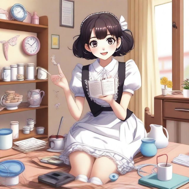 A humorous and light-hearted scene depicting the daily life of a mischievous NEET foreign girlfriend who also works as a secretary maid