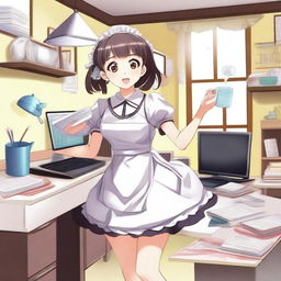 A humorous and light-hearted scene depicting the daily life of a mischievous NEET foreign girlfriend who also works as a secretary maid