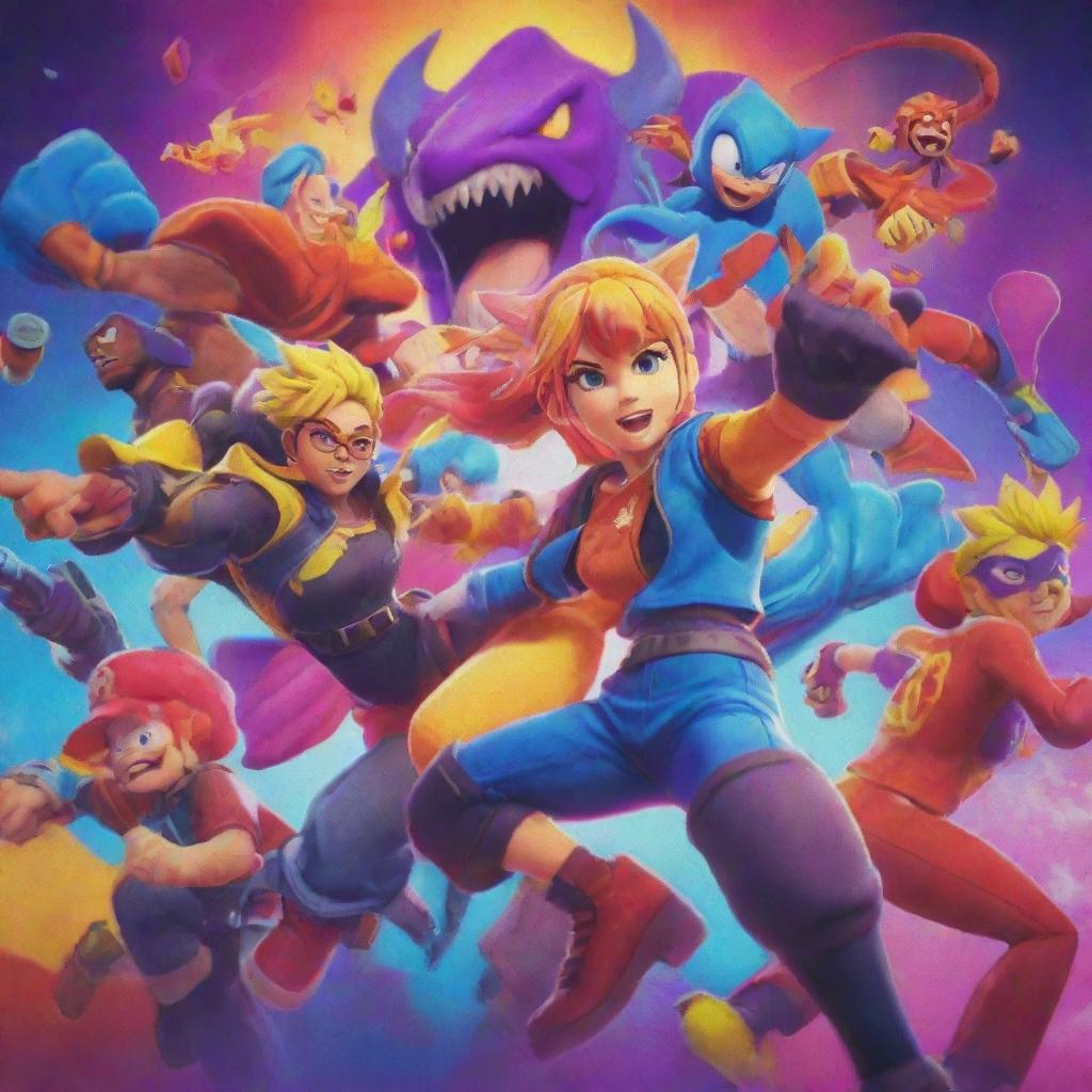 A dynamic image of a video game loading screen featuring vibrant colors, powerful characters, and engaging graphics