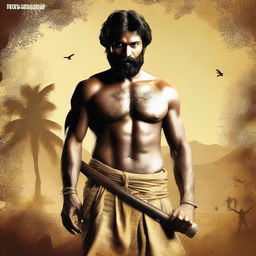 Create a Tamil short film poster titled 'Pandimuni' featuring the action hero modeled exactly after the provided reference image of a man with a beard and no shirt on