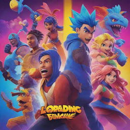 A dynamic image of a video game loading screen featuring vibrant colors, powerful characters, and engaging graphics