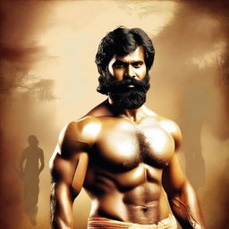 Create a Tamil short film poster titled 'Pandimuni' featuring the action hero modeled exactly after the provided reference image of a man with a beard and no shirt on