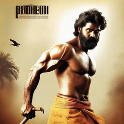 Create a Tamil short film poster titled 'Pandimuni' featuring the action hero modeled exactly after the provided reference image of a man with a beard and no shirt on