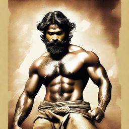 Create a Tamil short film poster titled 'Pandimuni' featuring the action hero modeled exactly after the provided reference image of a man with a beard and no shirt on