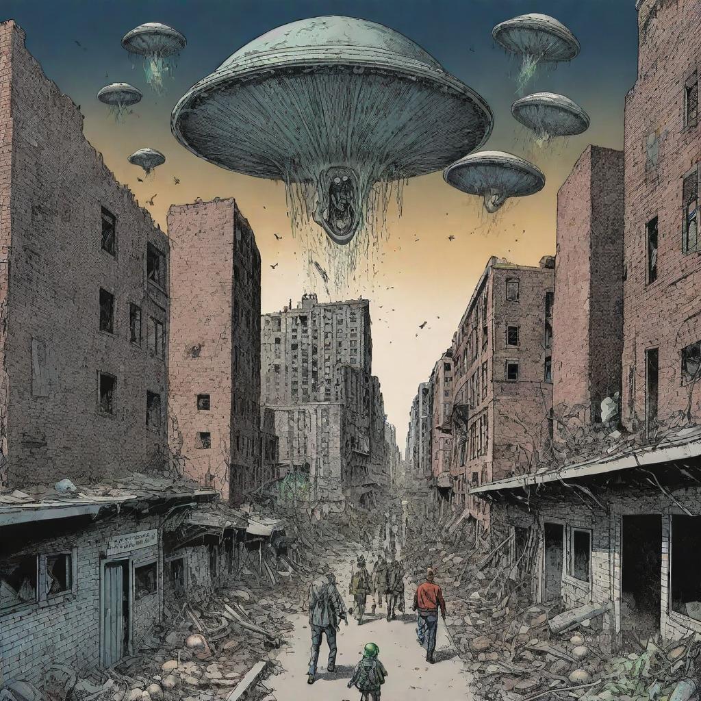 Comic-style representation of an alien invasion, illustrating a decimated city with terrified humans attempting a desperate escape