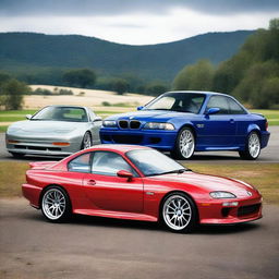 A high-resolution image of a BMW M3 and a Mazda RX7 Savanna parked side by side