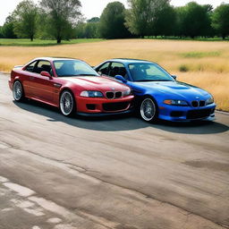 A high-resolution image of a BMW M3 and a Mazda RX7 Savanna parked side by side