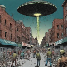 Comic-style representation of an alien invasion, illustrating a decimated city with terrified humans attempting a desperate escape