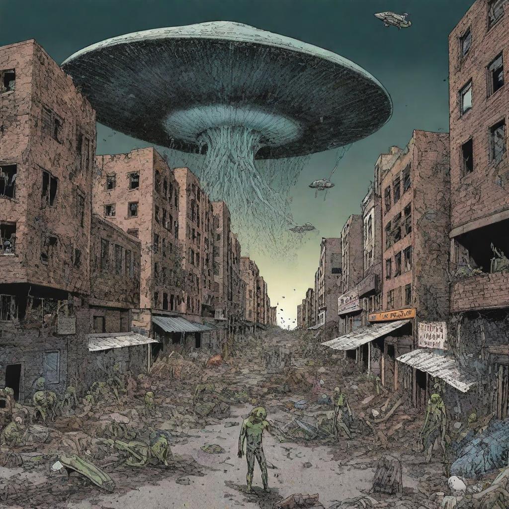 Comic-style representation of an alien invasion, illustrating a decimated city with terrified humans attempting a desperate escape