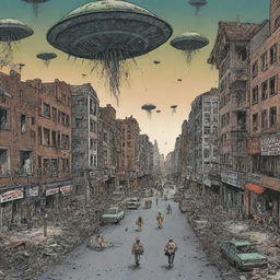 Comic-style representation of an alien invasion, illustrating a decimated city with terrified humans attempting a desperate escape