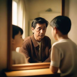 An adult man looking at his reflection in a mirror, but the reflection shows him as a child