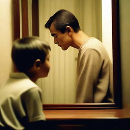 An adult man looking at his reflection in a mirror, but the reflection shows him as a child