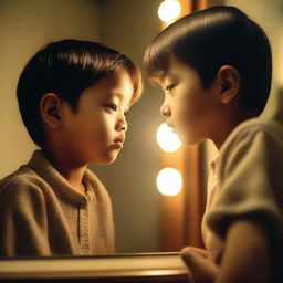 An adult man looking at his reflection in a mirror, but the reflection shows him as a child