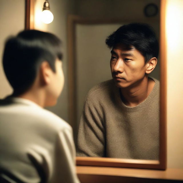 An adult man looking at his reflection in a mirror, but the reflection shows him as a child