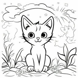 A whimsical kitten coloring page for kids, featuring a playful kitten with sun rays and clouds above