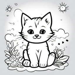 A whimsical kitten coloring page for kids, featuring a playful kitten with sun rays and clouds above