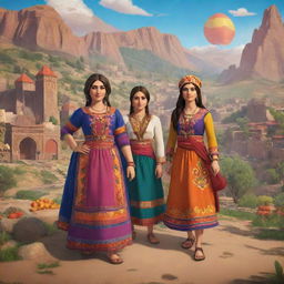 A vibrant and dynamic loading screen for an Armenian-themed video game showcasing characters dressed in traditional Armenian attire, iconic locations, and cultural symbols.